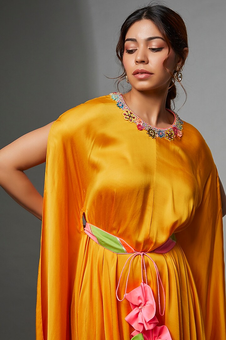 Yellow Modal Satin Embroidered Kaftan by Avnni Kapur at Pernia's Pop Up Shop
