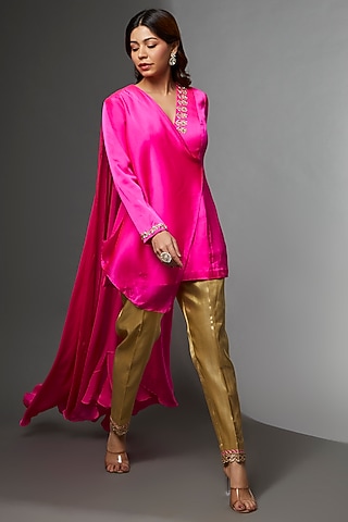 Pink Satin Chiffon Embroidered Draped Jacket Set by Avnni Kapur