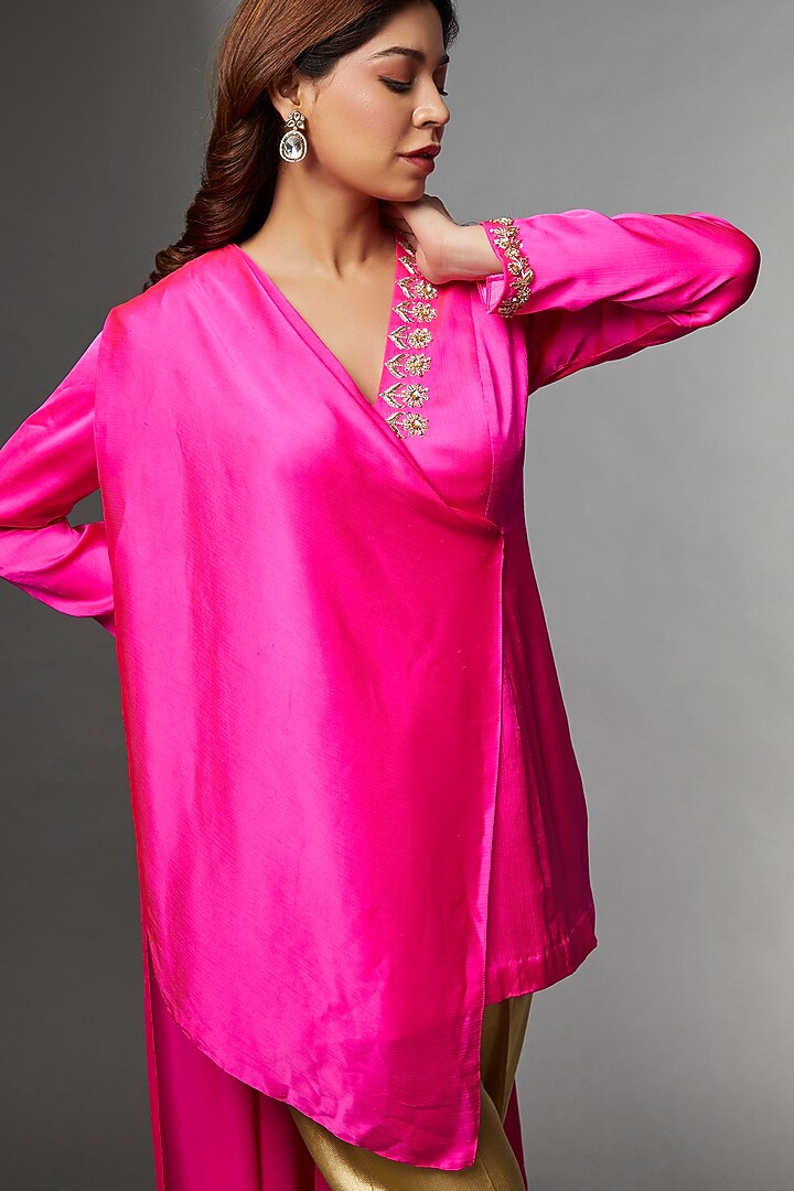 Pink Satin Chiffon Embroidered Draped Jacket Set by Avnni Kapur at Pernia's Pop Up Shop