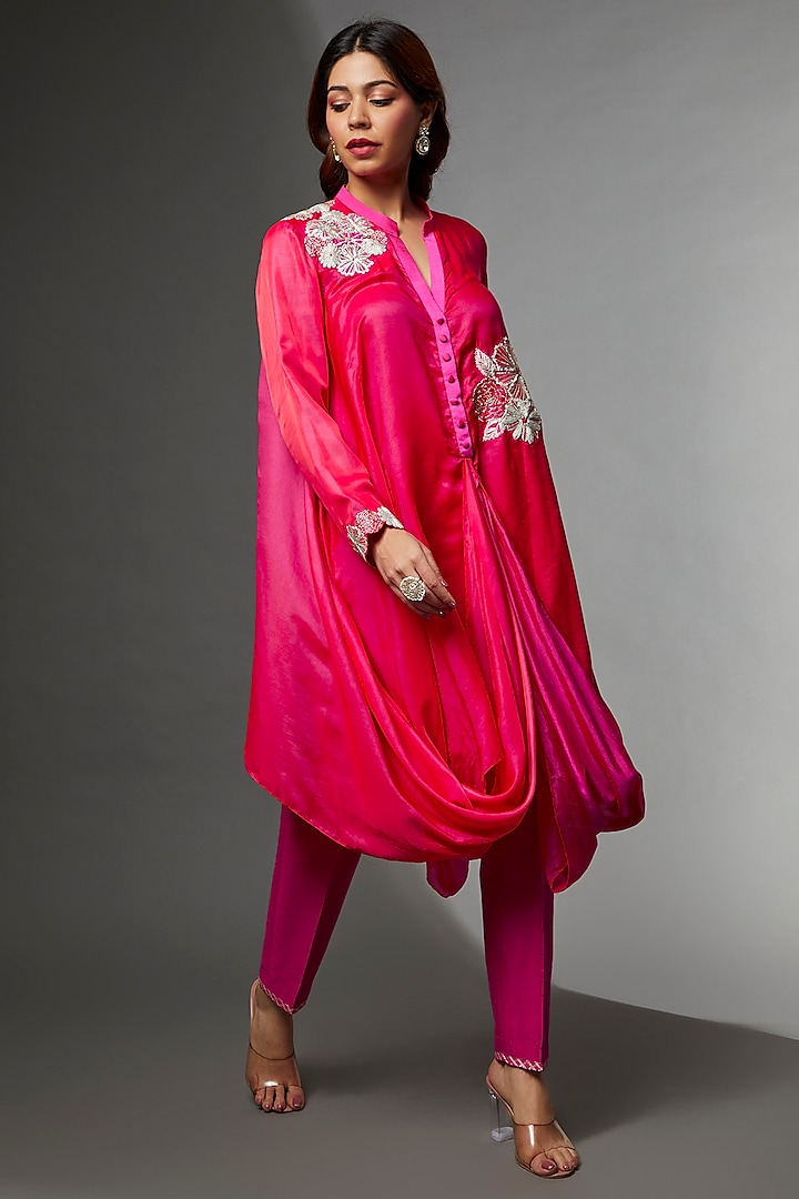 Red & Pink Modal Satin Embroidered Draped Kurta Set by Avnni Kapur