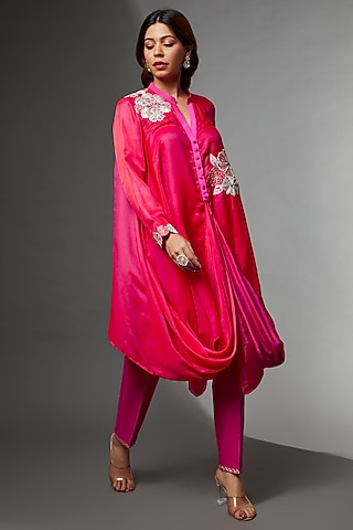 Red & Pink Modal Satin Embroidered Draped Kurta Set by Avnni Kapur