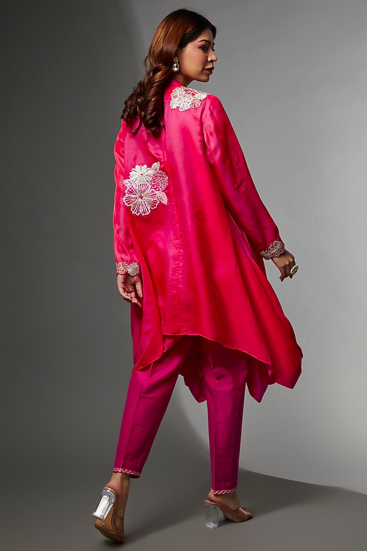 Red & Pink Modal Satin Embroidered Draped Kurta Set by Avnni Kapur at Pernia's Pop Up Shop