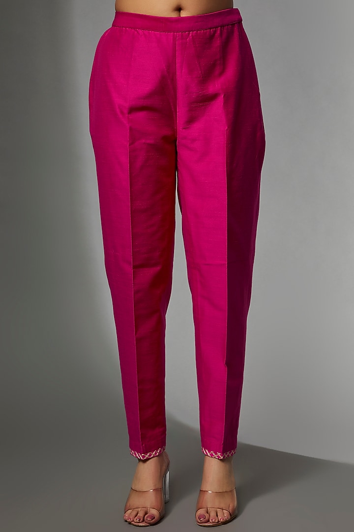Red & Pink Modal Satin Embroidered Draped Kurta Set by Avnni Kapur at Pernia's Pop Up Shop