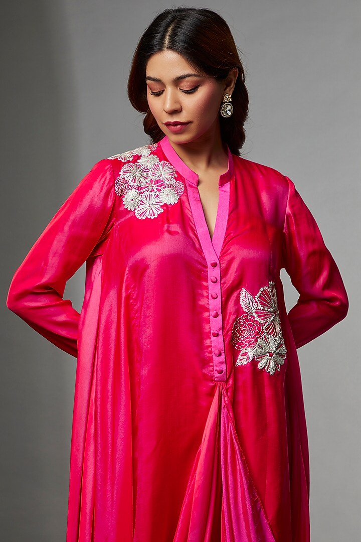 Red & Pink Modal Satin Embroidered Draped Kurta Set by Avnni Kapur at Pernia's Pop Up Shop