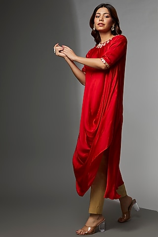 Red Modal Satin Embroidered Kurta Set by Avnni Kapur