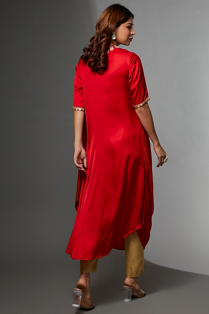 Red Modal Satin Embroidered Kurta Set by Avnni Kapur at Pernia's Pop Up Shop