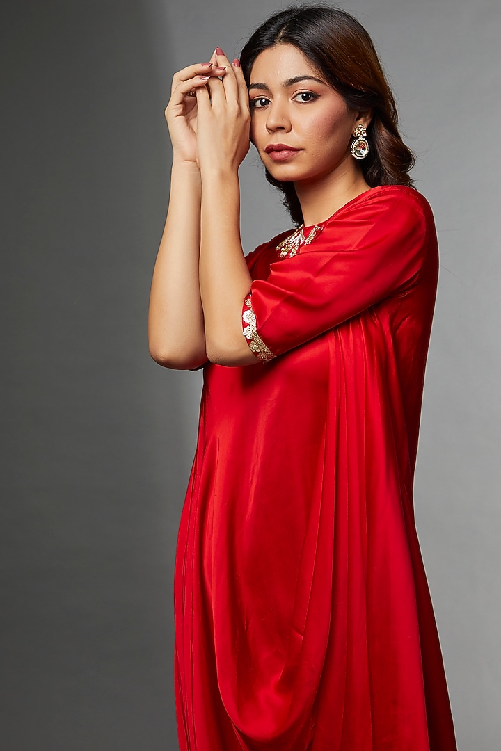 Red Modal Satin Embroidered Kurta Set by Avnni Kapur at Pernia's Pop Up Shop