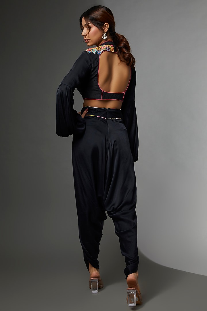 Black Raw Silk & Modal Satin Dhoti Set by Avnni Kapur at Pernia's Pop Up Shop