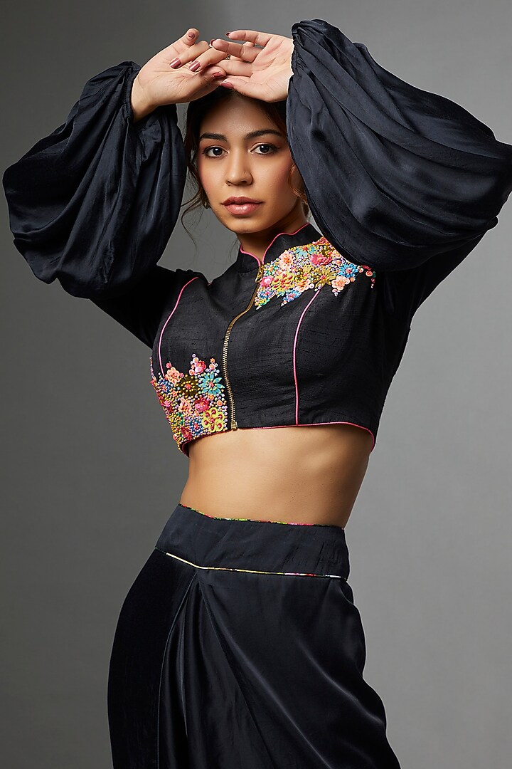 Black Raw Silk & Modal Satin Dhoti Set by Avnni Kapur at Pernia's Pop Up Shop
