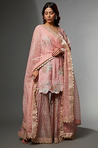 Pink Organza & Net Embroidered Gharara Set by Avnni Kapur