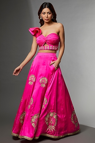 Pink Satin Chiffon Embroidered Lehenga Set by Avnni Kapur