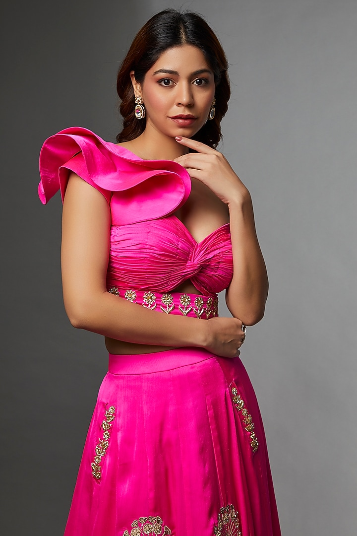 Pink Satin Chiffon Embroidered Wedding Lehenga Set by Avnni Kapur at Pernia's Pop Up Shop