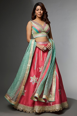 Pink Silk & Woven Fabric Embroidered Lehenga Set by Avnni Kapur