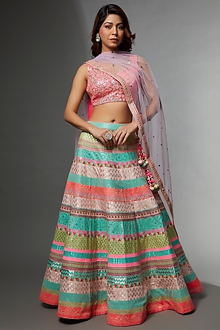 Multi-Colored Banarasi & Woven Fabric Embroidered Lehenga Set by Avnni Kapur
