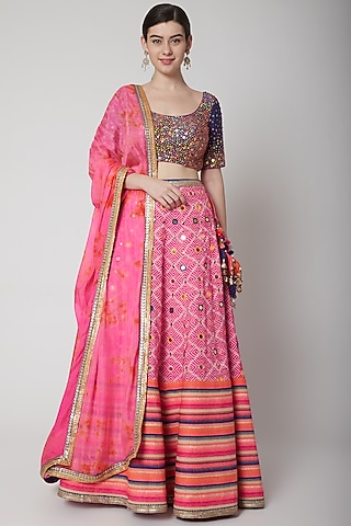 Cobalt Blue Embroidered Blouse & Pink Lehenga Set by Avnni Kapur