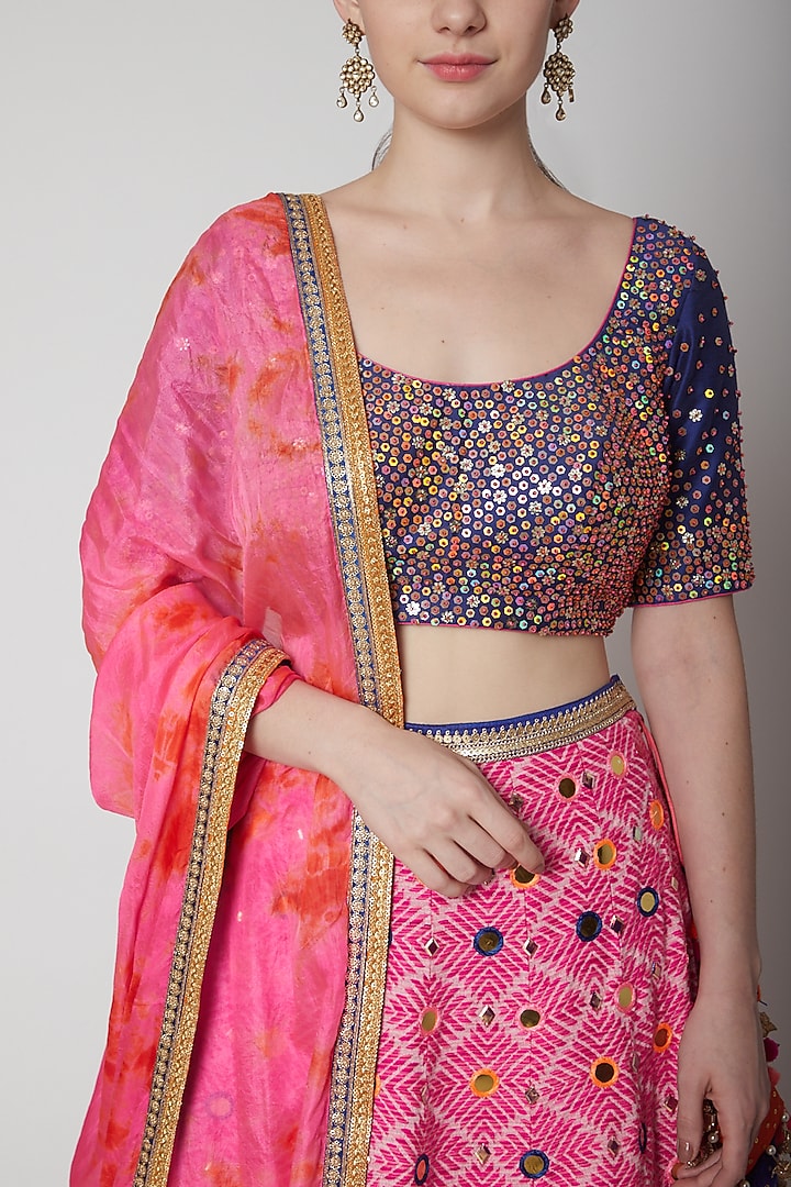 Cobalt Blue Embroidered Blouse & Pink Wedding Lehenga Set by Avnni Kapur at Pernia's Pop Up Shop