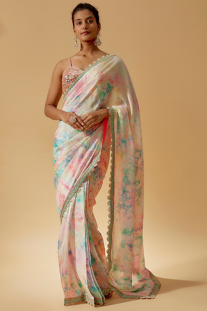 Multi-Colored Habutai Silk Tie-Dye Pre-Stitched Saree Set by Avnni Kapur