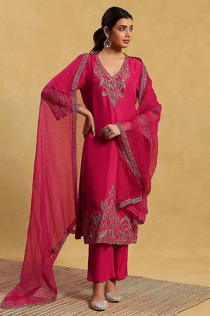 Dark Pink Roman Silk 3-Piece Kurta Set