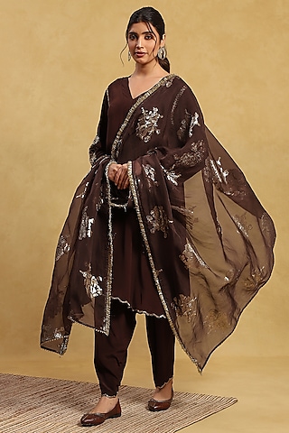 Brown Organza Crepe Kurta Set by Akriti by Ritika