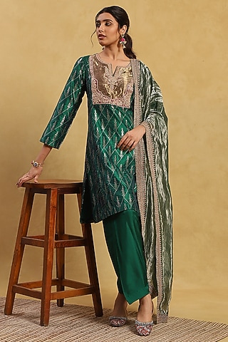 Green Brocade Embroidered Kurta Set by Akriti by Ritika