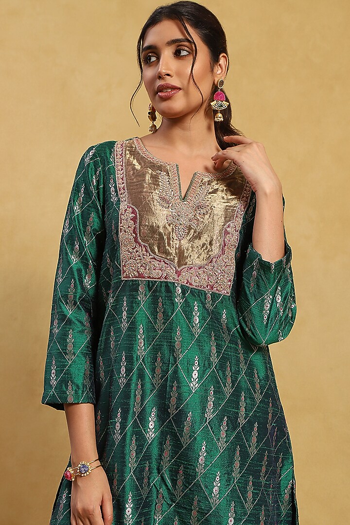 Green Brocade Embroidered Kurta Set by Akriti by Ritika at Pernia's Pop Up Shop