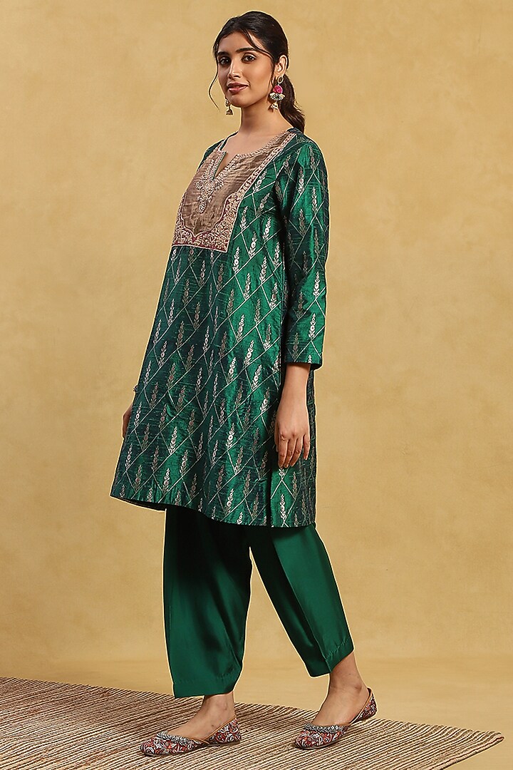 Green Brocade Embroidered Kurta Set by Akriti by Ritika at Pernia's Pop Up Shop