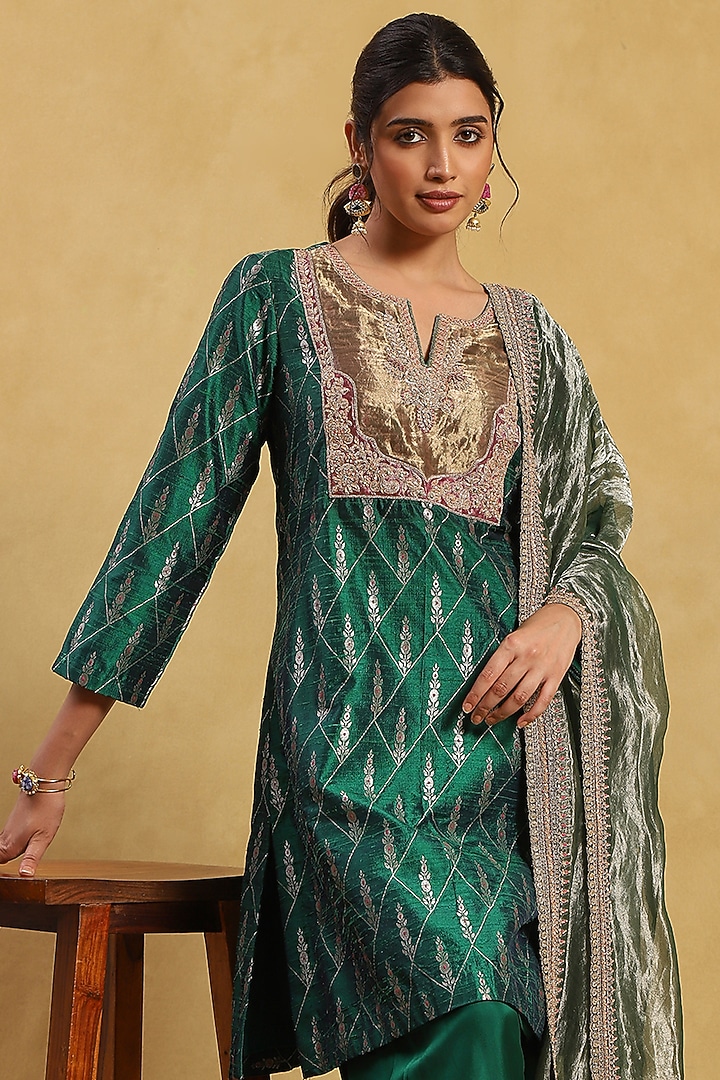 Green Brocade Embroidered Kurta Set by Akriti by Ritika at Pernia's Pop Up Shop