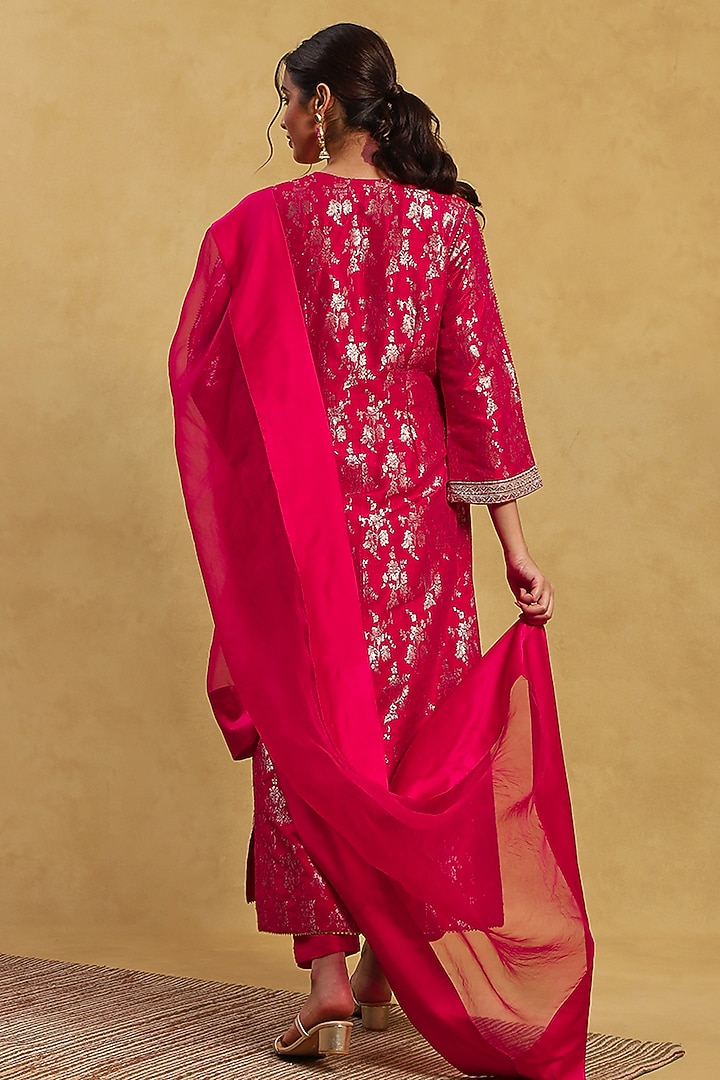 Red & Pink Raw Silk Aari Hand Embroidered Kurta Set by Akriti by Ritika at Pernia's Pop Up Shop