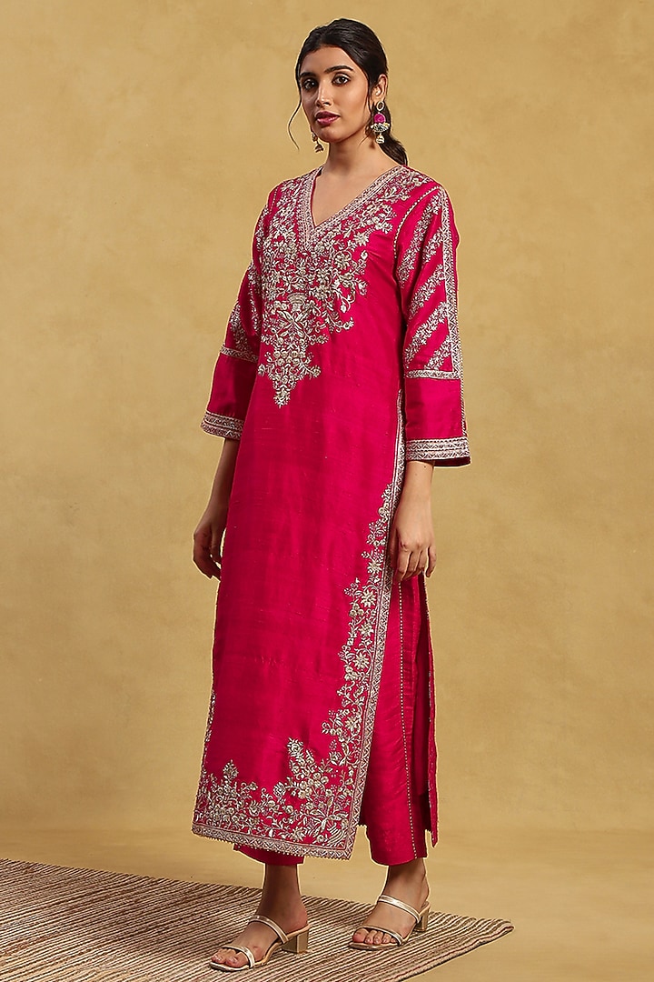 Red & Pink Raw Silk Aari Hand Embroidered Kurta Set by Akriti by Ritika at Pernia's Pop Up Shop