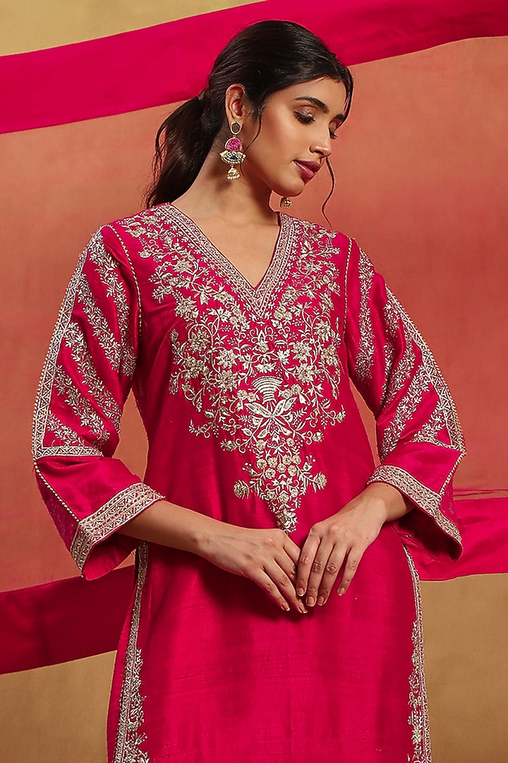 Red & Pink Raw Silk Aari Hand Embroidered Kurta Set by Akriti by Ritika at Pernia's Pop Up Shop
