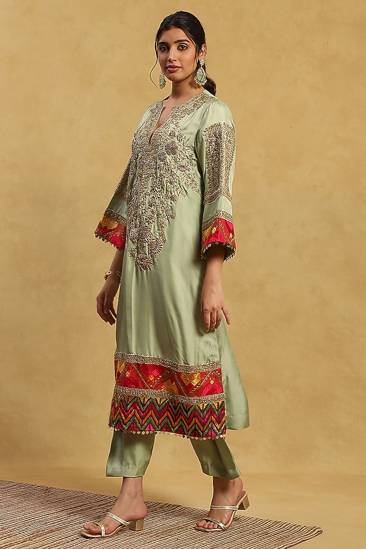 Green Silk & Organza Aari Hand Embroidered Kurta Set by Akriti by Ritika at Pernia's Pop Up Shop