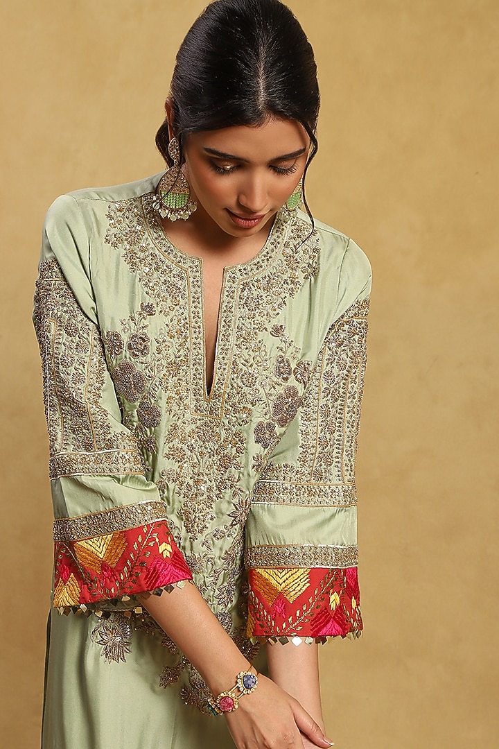Green Silk & Organza Aari Hand Embroidered Kurta Set by Akriti by Ritika at Pernia's Pop Up Shop