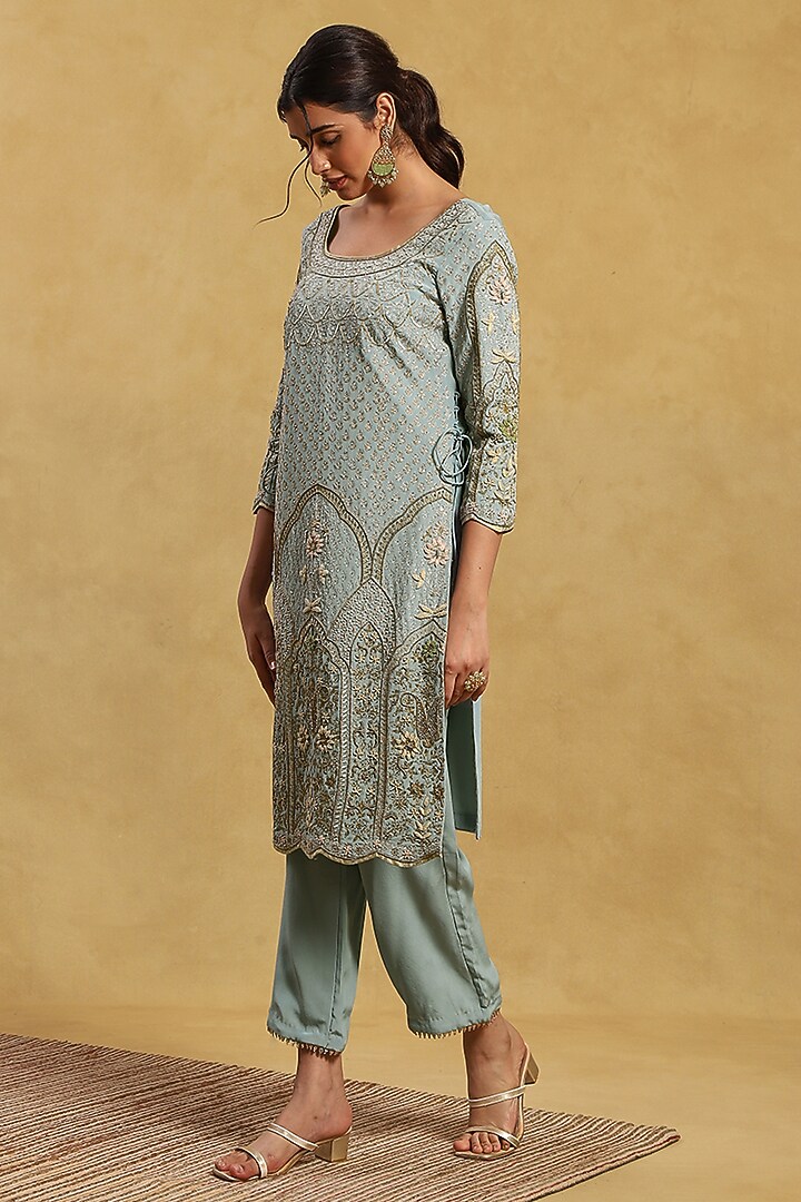 Blue Crepe & Tissue Embroidered Kurta Set by Akriti by Ritika at Pernia's Pop Up Shop