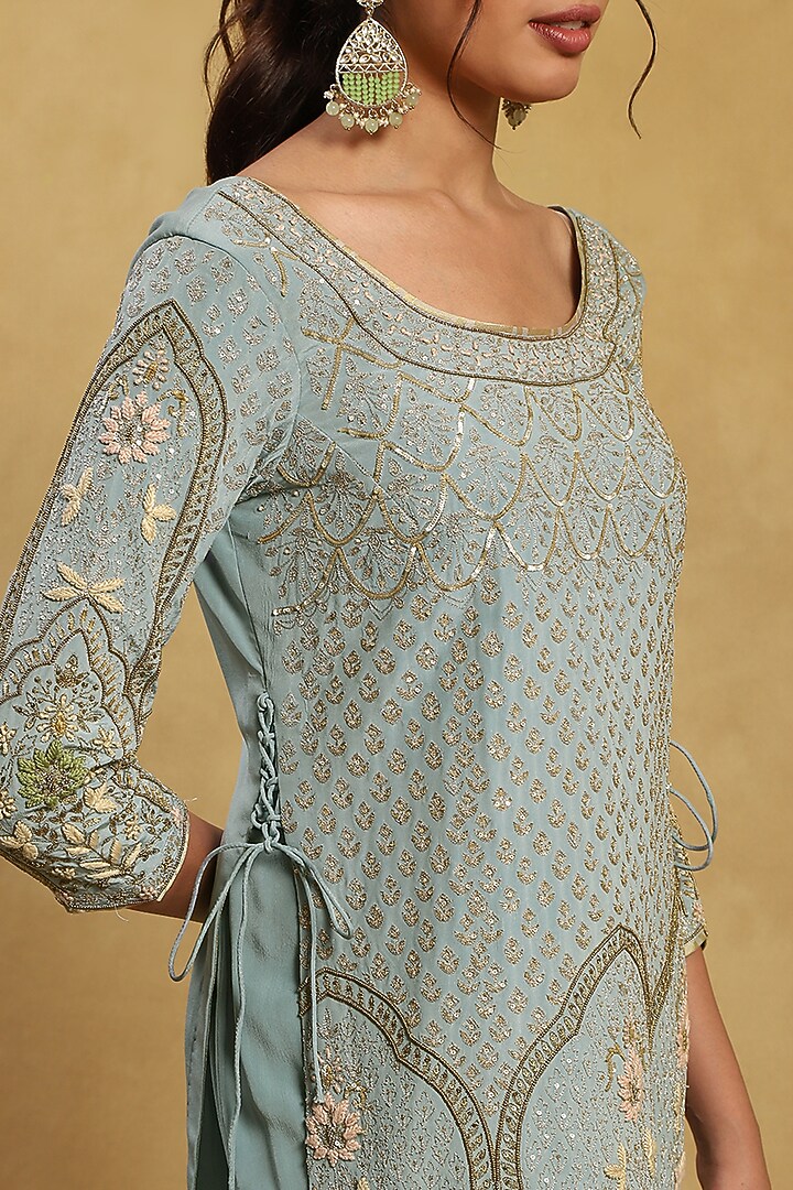 Blue Crepe & Tissue Embroidered Kurta Set by Akriti by Ritika at Pernia's Pop Up Shop