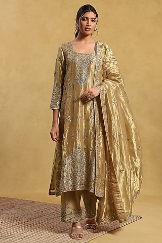 Yellow Tissue Embroidered Kurta Set by Akriti by Ritika