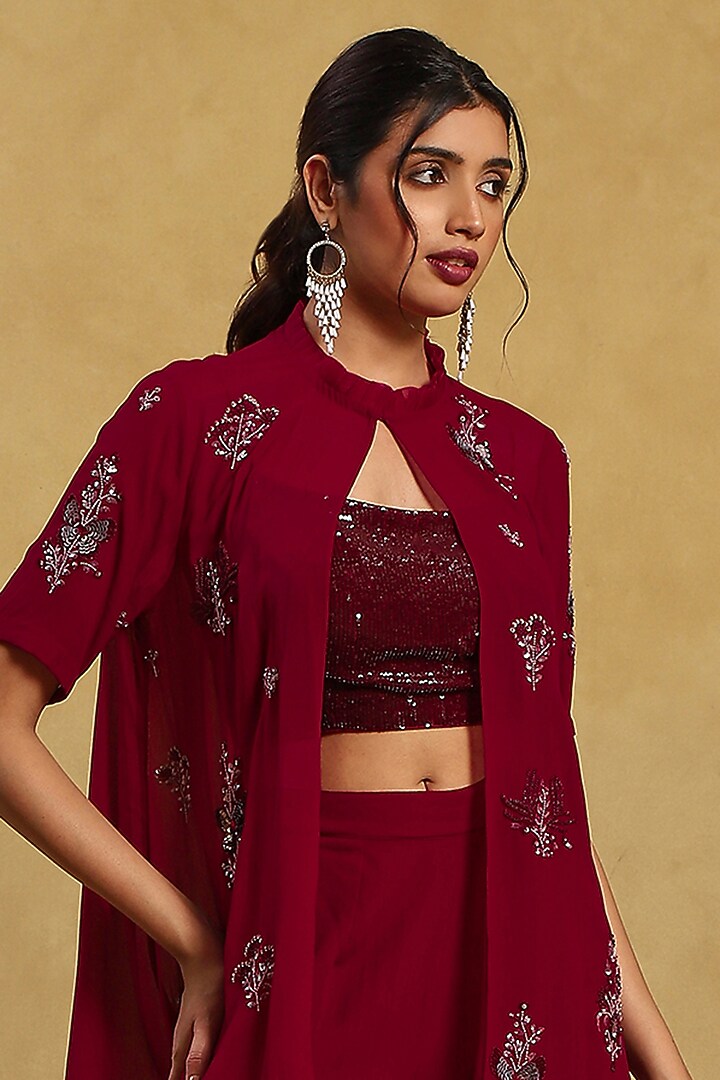 Red Georgette & Organza Bead Embroidered Jacket Set by Akriti by Ritika at Pernia's Pop Up Shop
