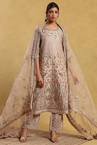 Pink Dupion Silk Gota Patti Hand Embroidered Kurta Set by Akriti by Ritika
