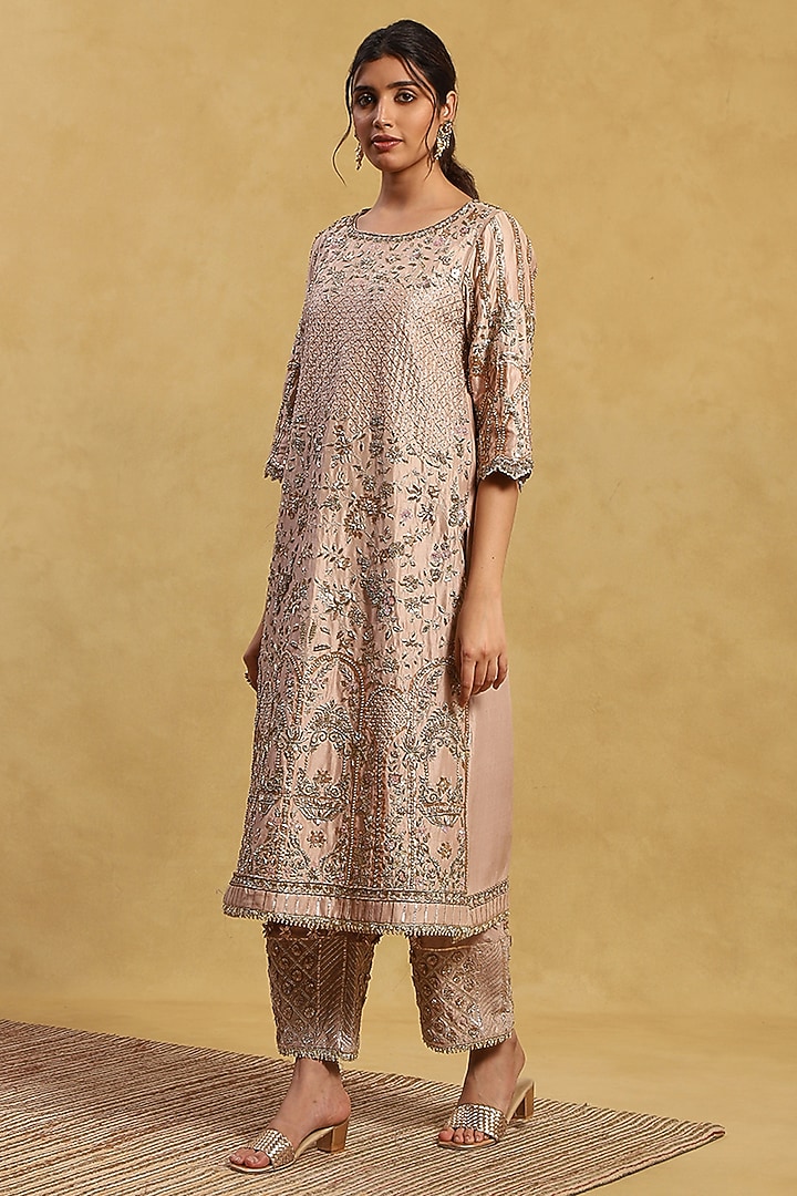 Pink Dupion Silk Gota Patti Hand Embroidered Kurta Set by Akriti by Ritika at Pernia's Pop Up Shop