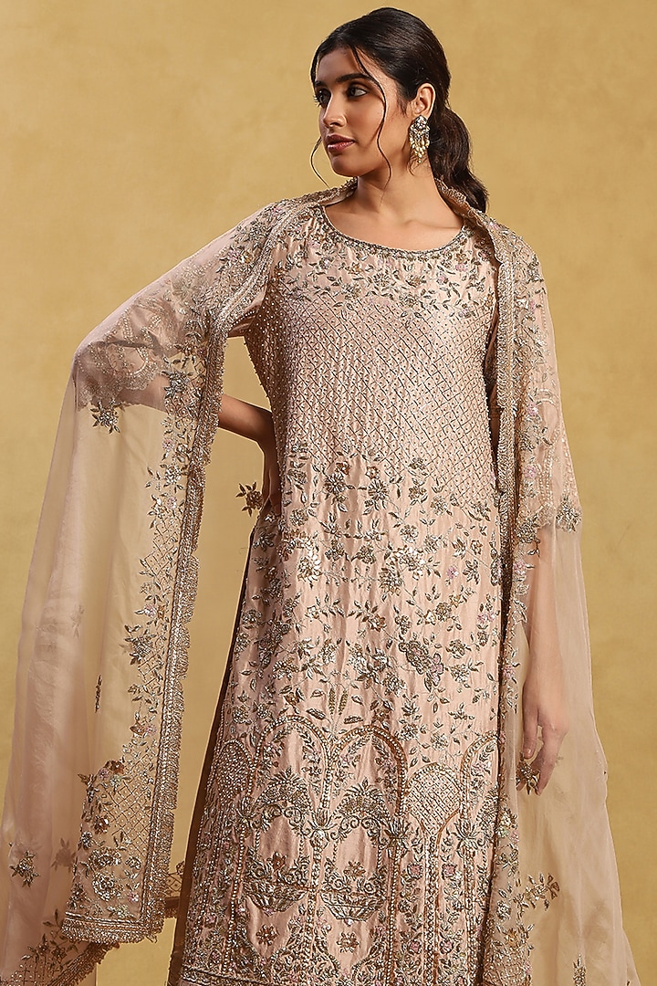 Pink Dupion Silk Gota Patti Hand Embroidered Kurta Set by Akriti by Ritika at Pernia's Pop Up Shop