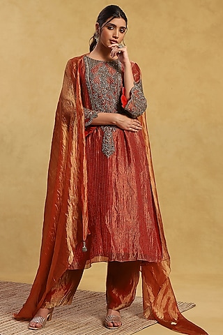 Orange Tissue Dabka & Sippi Embroidered Kurta Set by Akriti by Ritika
