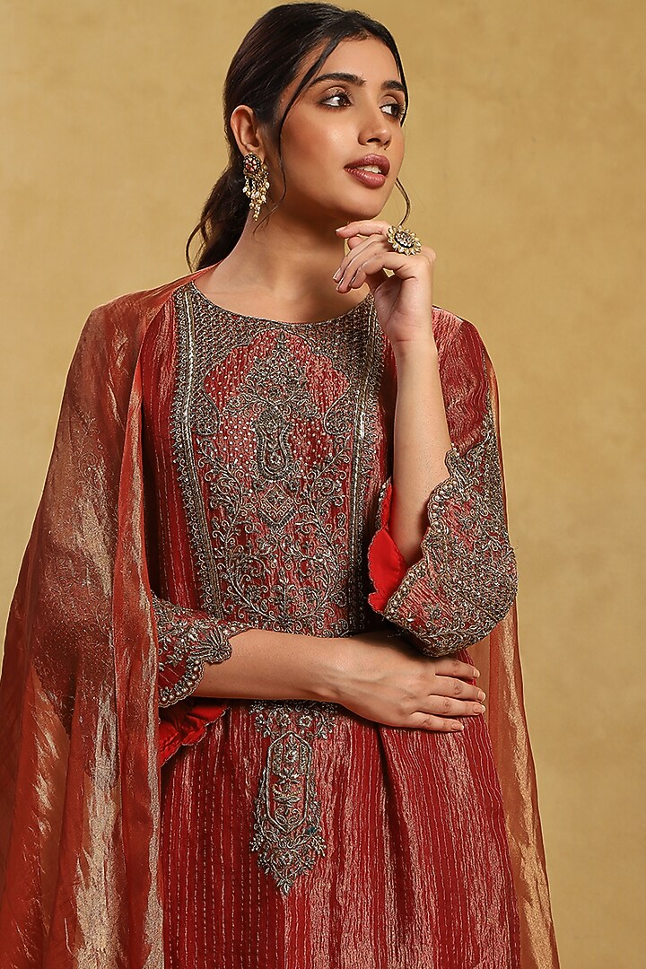 Orange Tissue Dabka & Sippi Embroidered Kurta Set by Akriti by Ritika at Pernia's Pop Up Shop