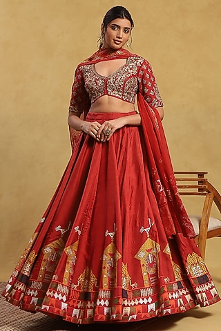 Orange Silk Hand-Painted Lehenga Set by Akriti by Ritika