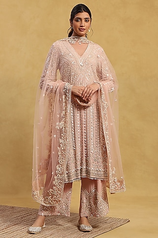 Pink Crepe Zardosi Embroidered Kurta Set by Akriti by Ritika