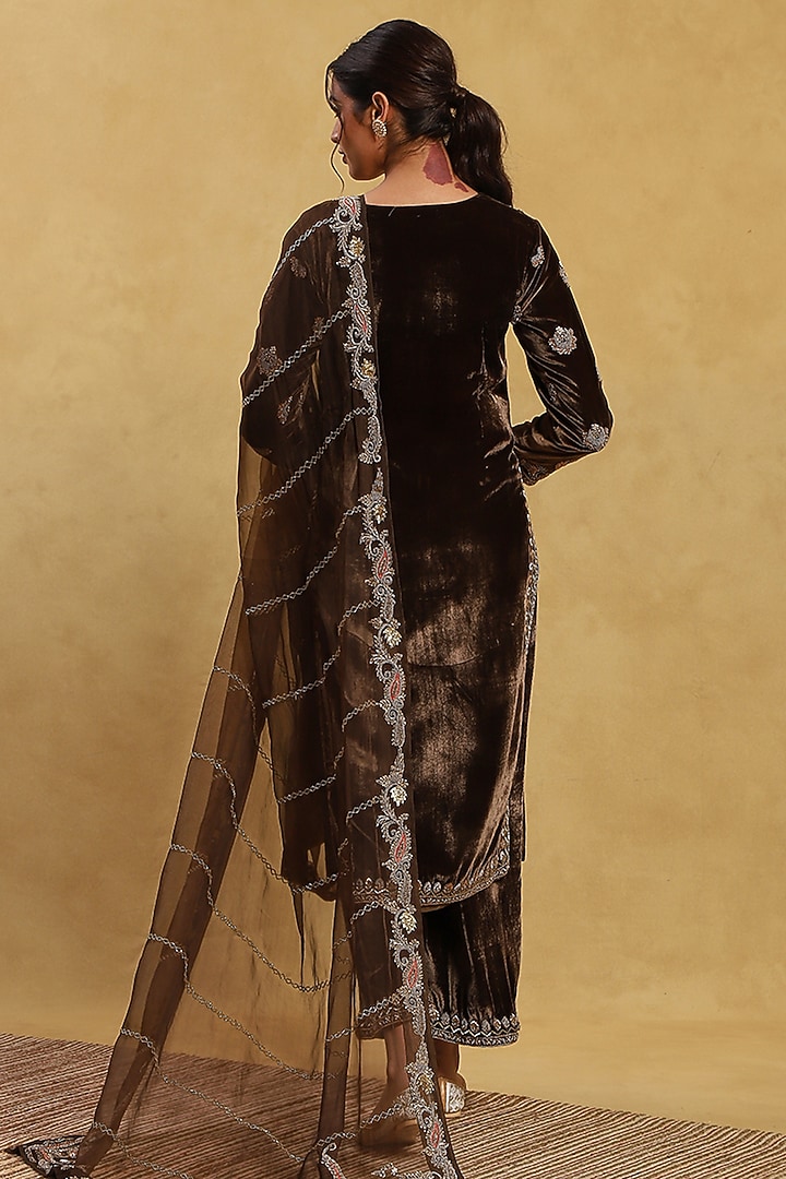 Brown Velvet Embroidered Kurta Set by Akriti by Ritika at Pernia's Pop Up Shop