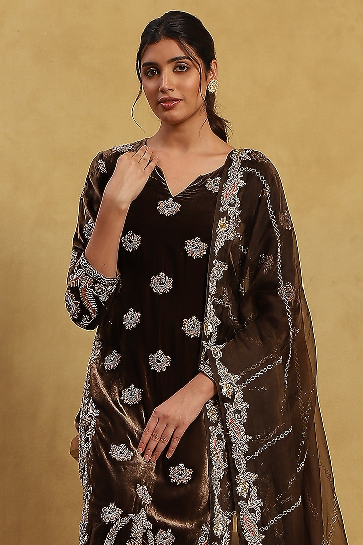 Brown Velvet Embroidered Kurta Set by Akriti by Ritika at Pernia's Pop Up Shop