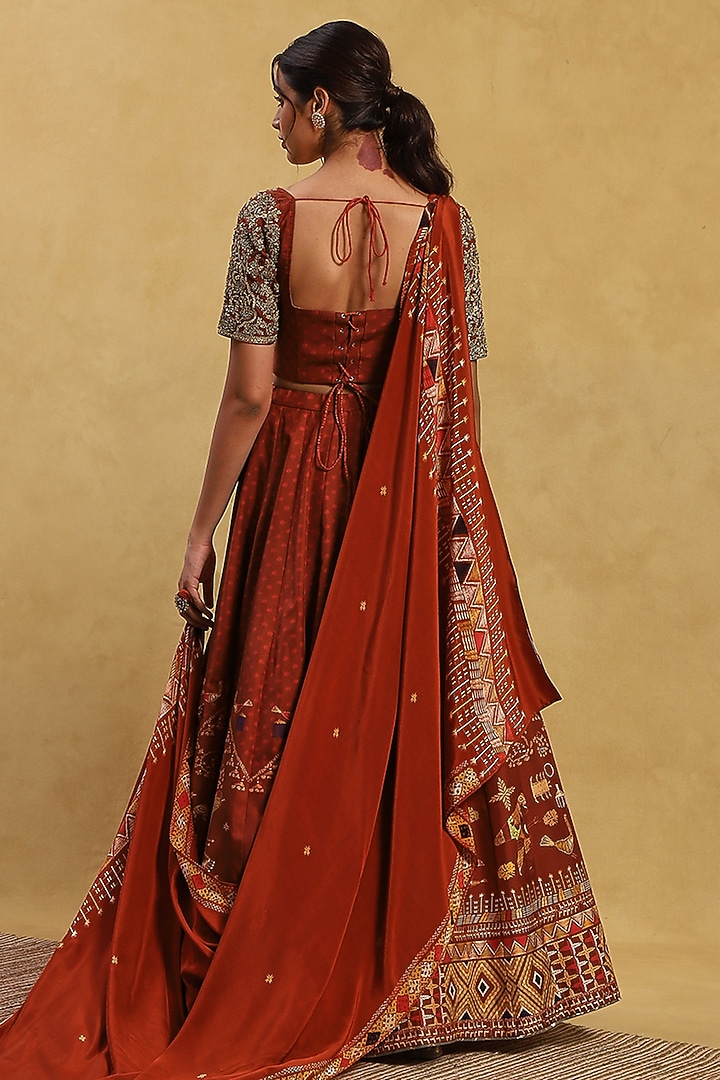 Orange Crepe Hand-Painted Wedding Lehenga Set by Akriti by Ritika at Pernia's Pop Up Shop
