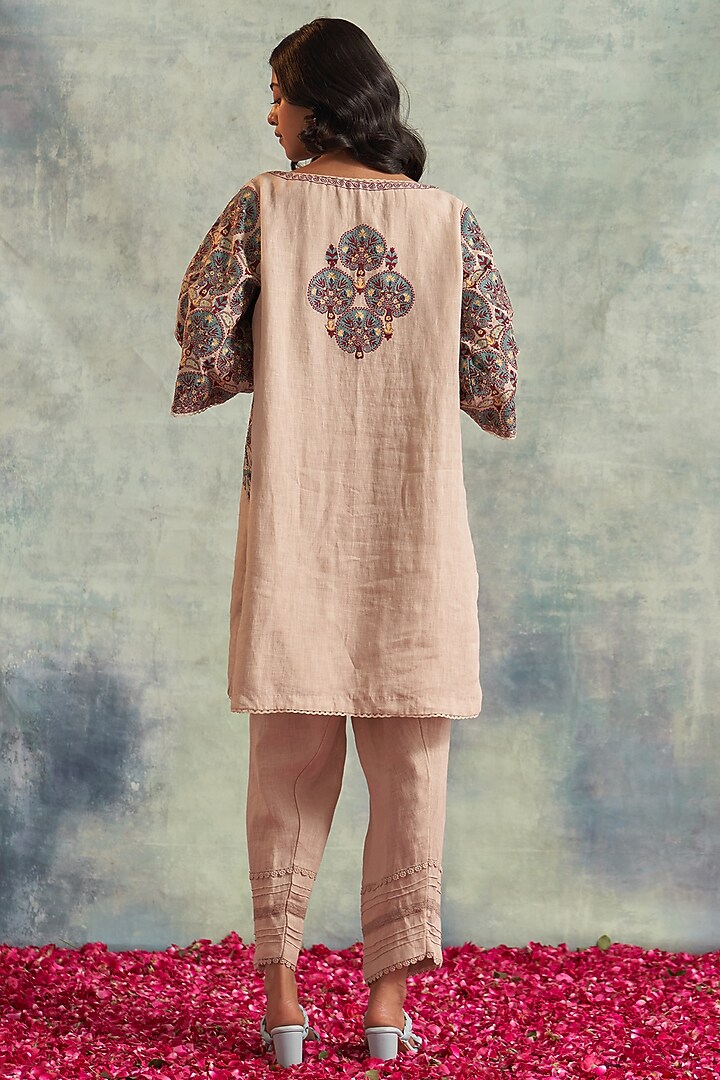 Beige Linen Embroidered Kurta Set by Akriti by Ritika at Pernia's Pop Up Shop