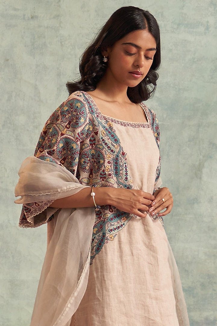 Beige Linen Embroidered Kurta Set by Akriti by Ritika at Pernia's Pop Up Shop