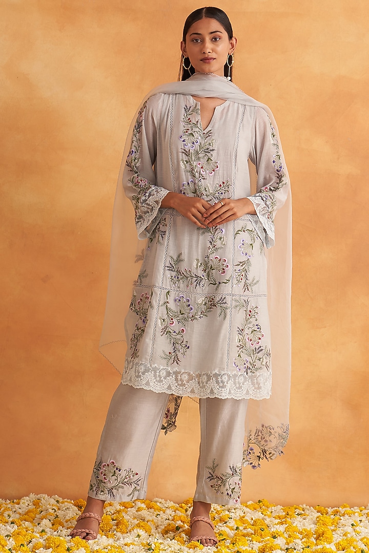 Powder Blue Chanderi Embroidered Kurta Set by Akriti by Ritika at Pernia's Pop Up Shop