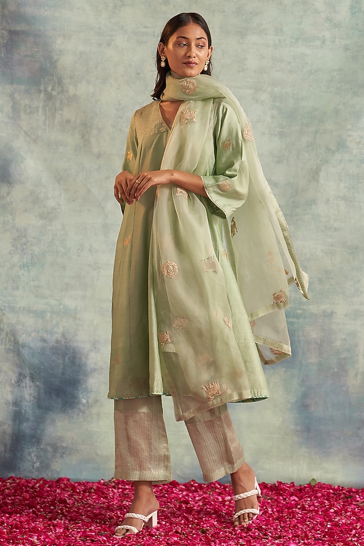Pista Green Chanderi A-Line Kurta Set by Akriti by Ritika at Pernia's Pop Up Shop